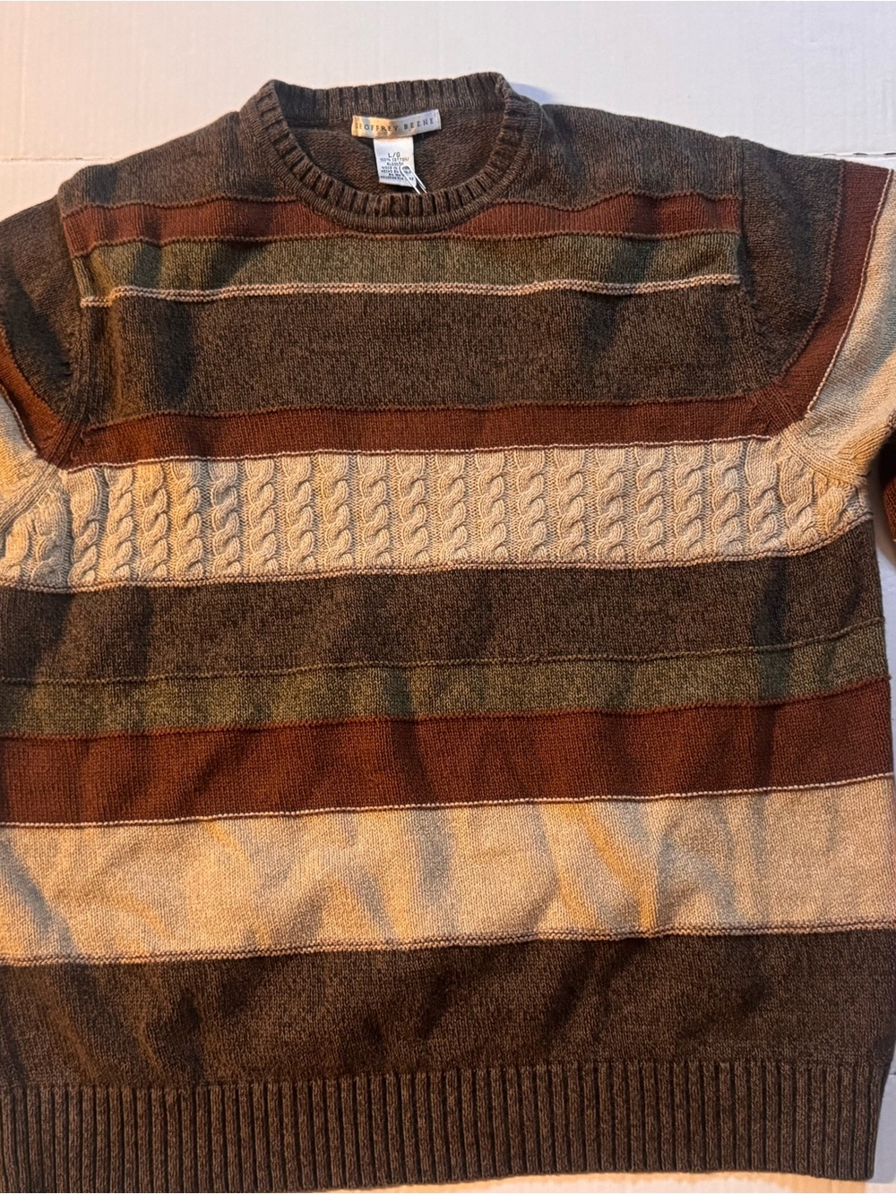 Geoffrey Beene Brown, Olive & Cream Striped Cable Crewneck Sweater